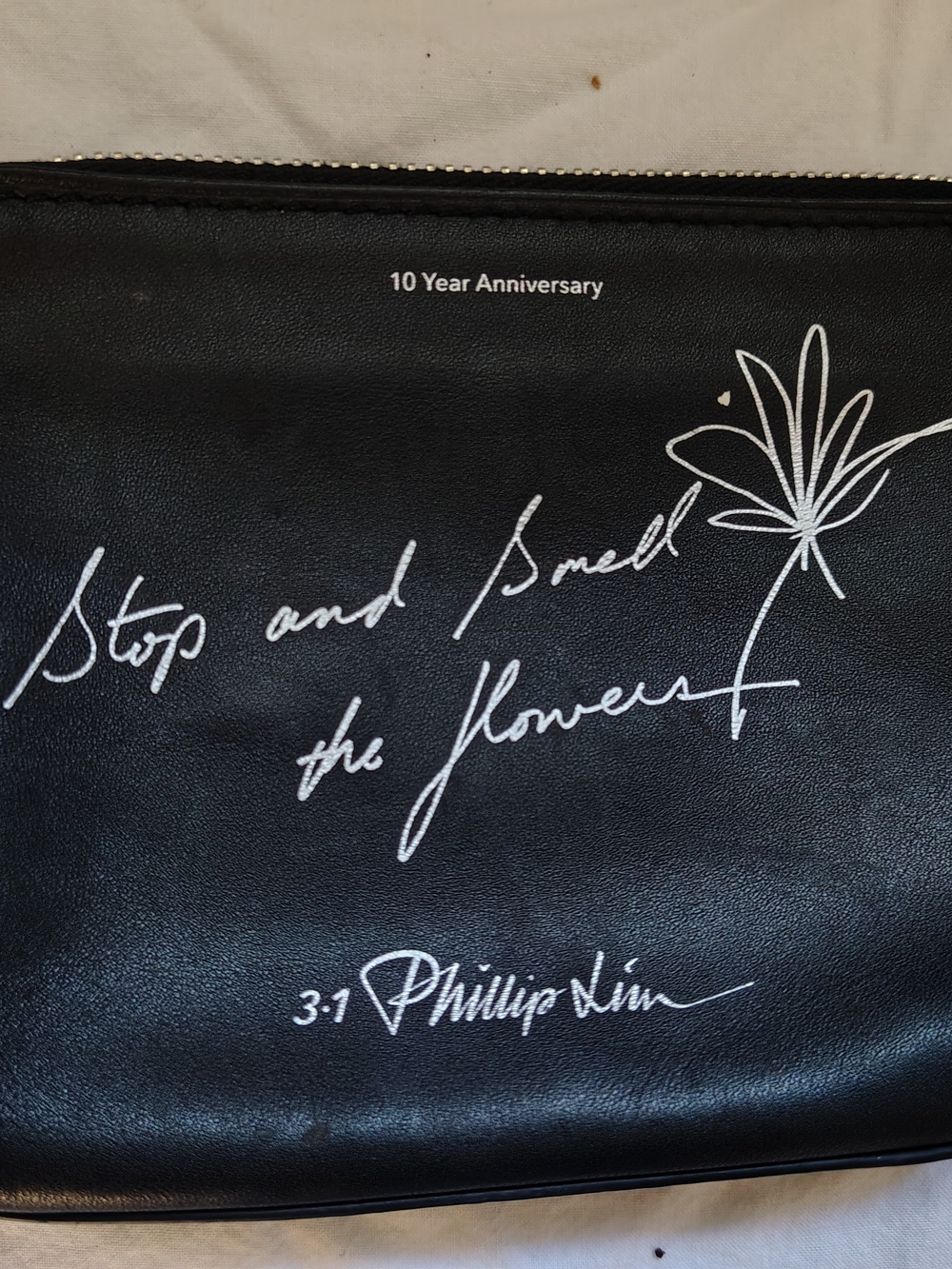 3.1 Phillip Lim Black Leather Pouch with White Script Floral Print